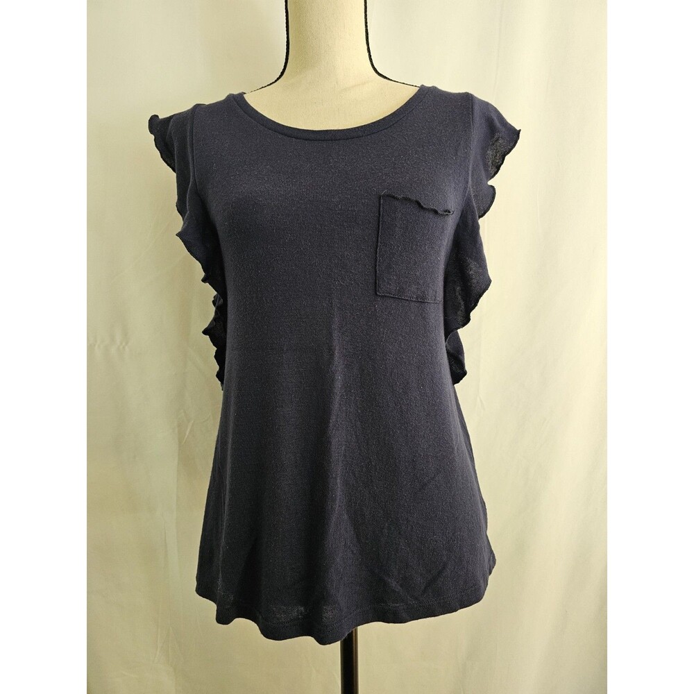 Jun & Ivy Women’s Large Navy Blue Ruffle Sleeve Top Pocket Rayon Blend